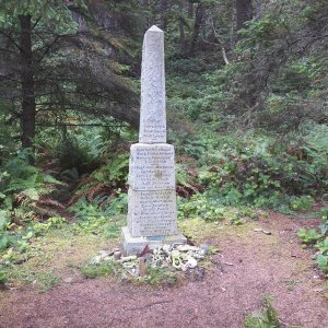 Here's my destination.  In 1903 the Norwegian ship Prince Arthur (formerly the British 240' steel clipper Hoghton Tower, built 1869, and sailed around Cape Horn 5 times with officer Earnest Shackleton) was wrecked here with the loss of 18 sailors.  The two who survived got to walk aimlessly through the same woods I did.  Spotting smoke from a cabin, they found homesteaders Iver, Ole, and Tron Birkestol, all from Norway, so there was no language barrier.  The local Makah took the survivors by ocean canoe to Clallum Bay.