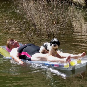 Patty and Baxter on Air Mattress at Cedar Canyon 9-16-09.Sized