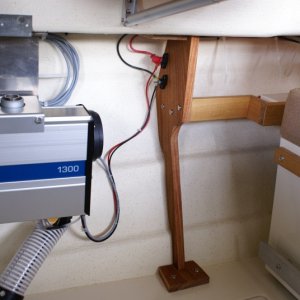 Wallas 1300 Install -DSC06175.  Wires connected.  (Note the extra right angle brace at the top of the hanger bracket.  Just a suspenders and belt move to make sure the heater stays put.)