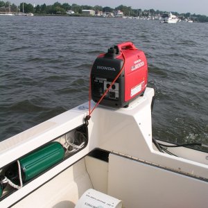Generator rigged on starboard lazarette (Honda eu2000i).