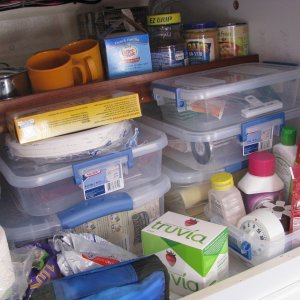 O.k. -- we brought along too much stuff, but nevertheless, the galley cabinet has a large capacity, aided by the nice upper-level shelf.