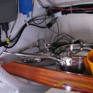 Anoither view of the upper-level galley shelf.  Please notice that we bought Cuisinart Stainless Steel cookware, which works great with the Walas Stove