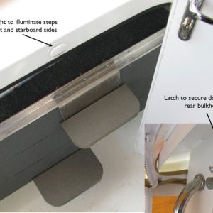 Les solved the issue of the door clearing past the steps by making the step slightly narrower and setting it back slightly. It works great!  Now I can do port side docks, but we still prefer the starboard side because a) it's easier for me to grab the docking cleat from the helm station, and b) my wife and I find it is easier to enter and exit the boat from the starboard side.