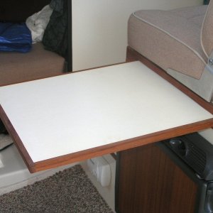 (Pat Anderson) Under Helm Seat Slide-out Food Prep Board (built by David on Anna Leigh)