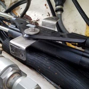 Media 'Baystar ram bracket bolted to steering prior to installing on outboard frame.' in album 'Master 2003 Honda BF503 steering bracket for Baystar HC4645-3 ram and HH4315-3 tilt helm'