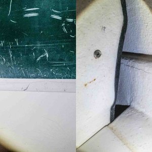 Left half of photo shows a faint crack on the starboard hull gelcoat (just below green stripe) just above a chine. Right half of photo shows a crack in the gelcoat on the inside of the hull at the forward cabin bulkhead (as seen from berth area), just below the top of the chine.