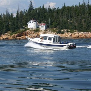 Island Trade passing over the bar at Bass Harbor light.