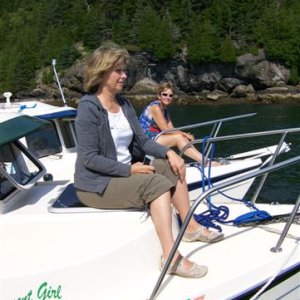 Rafted to a mooring ball for a little social event in Dogfish Cove on Bartlett Island, Blue Hill Bay.