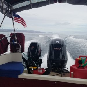 20-21 knots (21 nautical mph = just over 24 statuate mph) for 125 miles, an unusually grey day, good for making time. Seas around a foot at 4 seconds but then increasing to higher left over wind slop with an occasional whitecap . The Suzuki never missed a beat, normally we would want to take slower hops but we wanted to be here for Marti-Gras then slowly work out way back up to Loreto. (We did make the super bowl kickoff here in La Paz!)