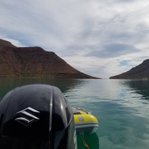 Calm morning view the other way into Ensenada Partida bay where Isla Espiritu Santo and Isla Partida come nearly together and a connecting sand spit forms the bay.