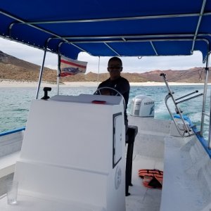 Some friends from the states visited today and wanted to see the islands and rented a panga for the day. We had a great time being passengers. The  Capitan was great the panga was about 28\' feet and had a 225 Honda that cruised us along with a very soft ride at 28 mph. I asked him what he thought of Suzuki\'s and he thought that the Suzuki\'s were the number one best  outboard down here then Honda then Yamaha, so different than in the US, but the pangeros run their boats hard for lots of hours so they should know what works best here. When he saw Sierra he called it a super panga!