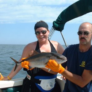 Daughter Laura visiting from Vancouver, BC. Her first Gulf of Mexico fish, an Amberjack.