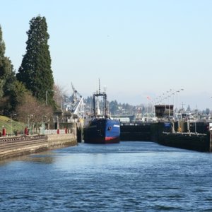 Waiting for outgoing ship to exit large locks