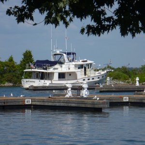P1020386 From our dock in Orillia. The big boat was from Seattle. Hate to see that thing on its trailer. I guess they came through the Panama canal.