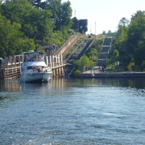 P1020438 Whew we made it. Got to lose the boat behind us before the next lock. Nice people but a little crazy with that beast in tight quarters