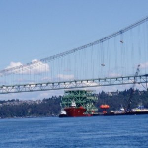 Weight lifting test on winches used to lift road deck from ship.The orange bags are full of water and weigh a total of over 500 tons.
