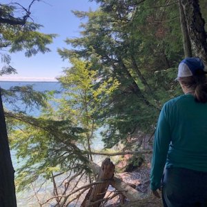 Quarry Bay Trail - trail is under open hemlocks with Lake Superior Views
