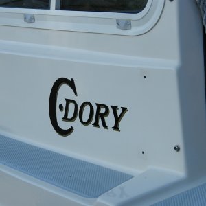 Media '6 holes filled polished new decal port side' in album '11 transom screws or former screws sealed with adhesive sealant were removed, properly filled, and a gelcoat patch kit applied.  Color matching of the kit was definitely off.'