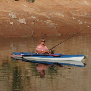 Patty Fishing in Kayak in LIttle Oak Canyon 9-24-14