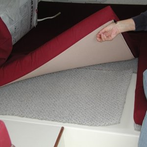 Media 'Hyper-Vent installed under bunk to prevent condensation. Available at Fisheries Supply. Note mattress and Hyper-Vent has been split apart 22"  at center seam to ease opening of hatches.' in album 'Latest offering from the Dreamer Canvas Shop. Way to go Janet! Covers for all windows!'