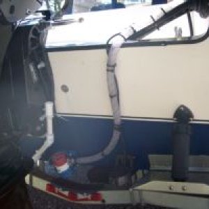 From Left to Right Overflow for Baitwell, Rule Baitwell Pump and Si-Tex Transom Mount Transducer
