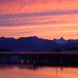Petersburg 2016 - Sunrise behind The Devil's Thumb and Canadian Coast Range.  P8080036