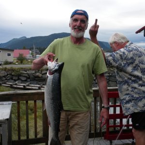 Petersburg Creek 2010 220 - Visitor (with Coho caught on 20 minute skiff trip) and gracious host (who hadn't been so lucky).