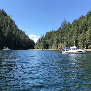 Midnight Flyer and one other boat inside Roscoe Cove