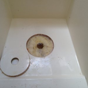 Media 'And here is the result. The router did a nice clean job. It was easy to install a round 6 inch deck hatch in the hole.' in album 'The problem: Under the plastic cap there\'s water in the space below the cabin floor, and the foam is soaked. An access port will be needed.'