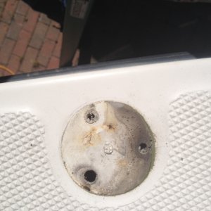 Media 'Removing the bow pulpit, we see moldy stains under one of the bases where rain has been dripping into the cabin.' in album 'Removing the bow pulpit, we see moldy stains under one of the bases where rain has been dripping into the cabin.'