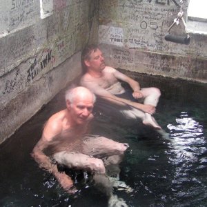 Dave and Alan Olson in hot springs bath house at Bishop Bay 6-15-06