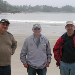 Pat Anderson and Dave and Alan Olson at West Beach on Calvert Island 6-13-06