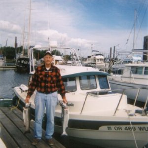 George Shields with two silvers caught in the Columbia River August 2003. My friend and fishing partner on our last trip together.