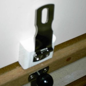 Media 'Stainless hasp with TyBoo gizmo below with the locking knob in place. Knobis counter sunk into edge of new floor and hasp is on seat face.' in album '533564-R1-10A.jpg'