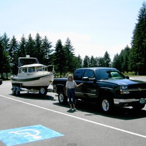On the road waiting at the ferry landing with the Lynn Marie on her new Pacific King trailer.