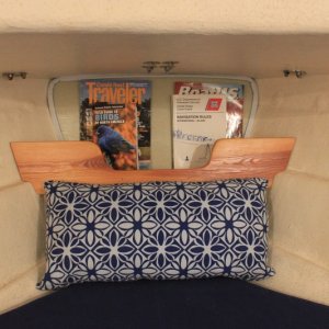 Finished project.  Shelf to hold books, eyeglasses, etc.  Anchor rode hidden.