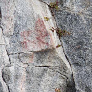 In to Desolation Sound to look for pictographs.  This appears to be a warrior with a weapon in his right hand.  The lower body may have fallen away.