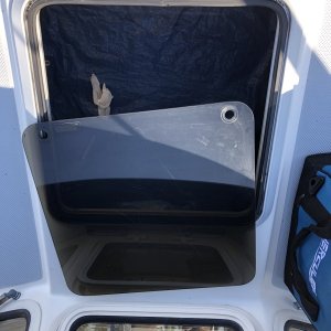 Media 'Installing Lexan.' in album 'Never had water in cabin, then hatch leaked on the aft edge of the Lexan.  A very small separation, but enough to get a drip over time, during heavy rain.'