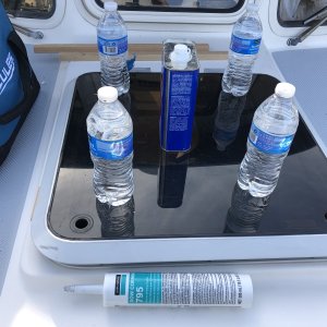 Media 'Lexan centered to ensure uniform gap, then caulked and tape removed.' in album 'Never had water in cabin, then hatch leaked on the aft edge of the Lexan.  A very small separation, but enough to get a drip over time, during heavy rain.'