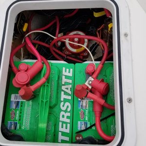 Starboard Lazerette
Interstate Start and deep cycle batteries
Blue Sea Systems add-a-battery system (ACR)