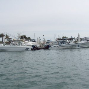 (Sneaks) They heard we were gathering in San Diego bay and prepared. Two Homeland Security fast boats. One marked, the other "unmarked"