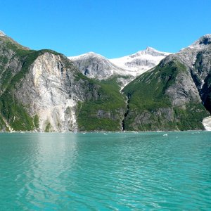 Recent rock slides (bright areas on cliffs)