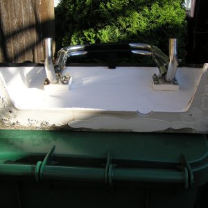 Media 'Enough sealant or what?' in album 'Swim step removal.  The tools; a sharpened putty knife, nylon spatula,heat gun, rubber mallet, 2X6 & a floor jack.  You can see the step actually bending under the load but not budging.'