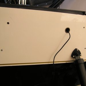 Media 'Nice and clean.  Some "GOOF-OFF", a single edged razor & elbow grease did the trick.  Very minimal damage to the gelcoat; a few scratches but nothing major.  Now to repair the holes & re-gelcoat prior to kicker install.  The wire for the transducer will also be properly installed; I didn't want it to interfere w/ the Mini-Jacker.' in album 'Swim step removal.  The tools; a sharpened putty knife, nylon spatula,heat gun, rubber mallet, 2X6 & a floor jack.  You can see the step actually bending under the load but not budging.'