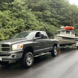 Media 'First trip with the rebuilt trailer and Dodge Ram 6 spd. This works.' in album 'After fishing all morning beaching to check for campsite at Beer point campground as the rain began to pour. Malcom Island Sept. 2021.'