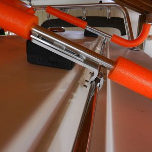 Media 'Here is the \"J\" mounted onto the roof rail.' in album 'I had a local alumiinum guy bend some 1\" tubing and weld some end straps and a plate on each.  Plate location was an appoximation (with measurements) of the roof rail location.'