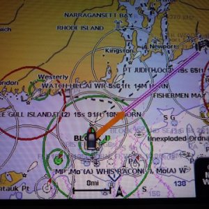 Look closely at the black and white dotted line and you can see our tracks up and thru the bay and then up and out to Westport and back down to Block Island