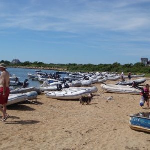 Dingy Beach on Block Island's New Harbor on the salt pond.July 4th weekend. From here it's a short walk to town or to the ocean side beach with showers etc. So crazy, should be called Dink City