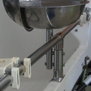 Mount made from various pieces of tubing also doubles to mount filet/cleaning table.
