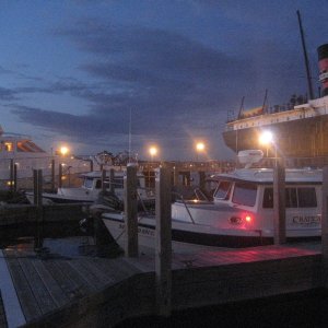 Media 'Kemp Marina at night. Not-For-Hire and the freighter Valley Camp in background.' in album 'C-Batical arriving at Kemp Marina, Sault Sainte Marie, MI. (Photo by Mark/Not-For-Hire)'